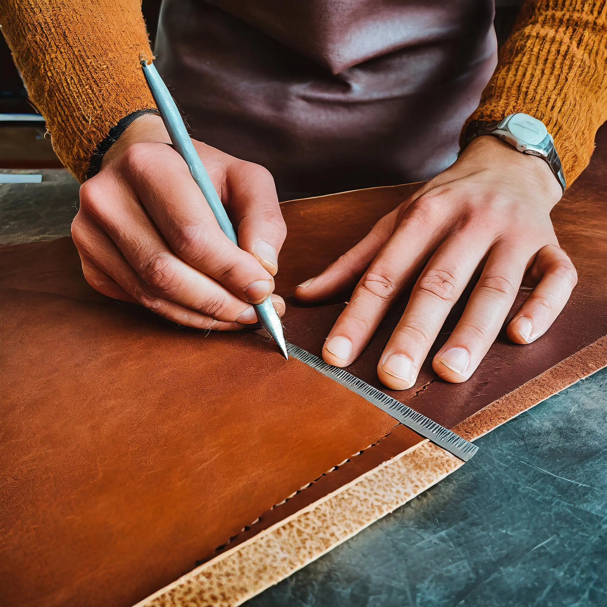 Image of a leather artisan cutting leather